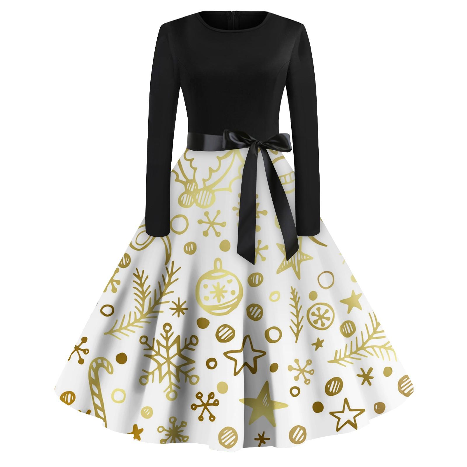 

Женская мода винтаж с длинным рукавом и круглым вырезом с рождественским принтом вечерние платья платья S золотой