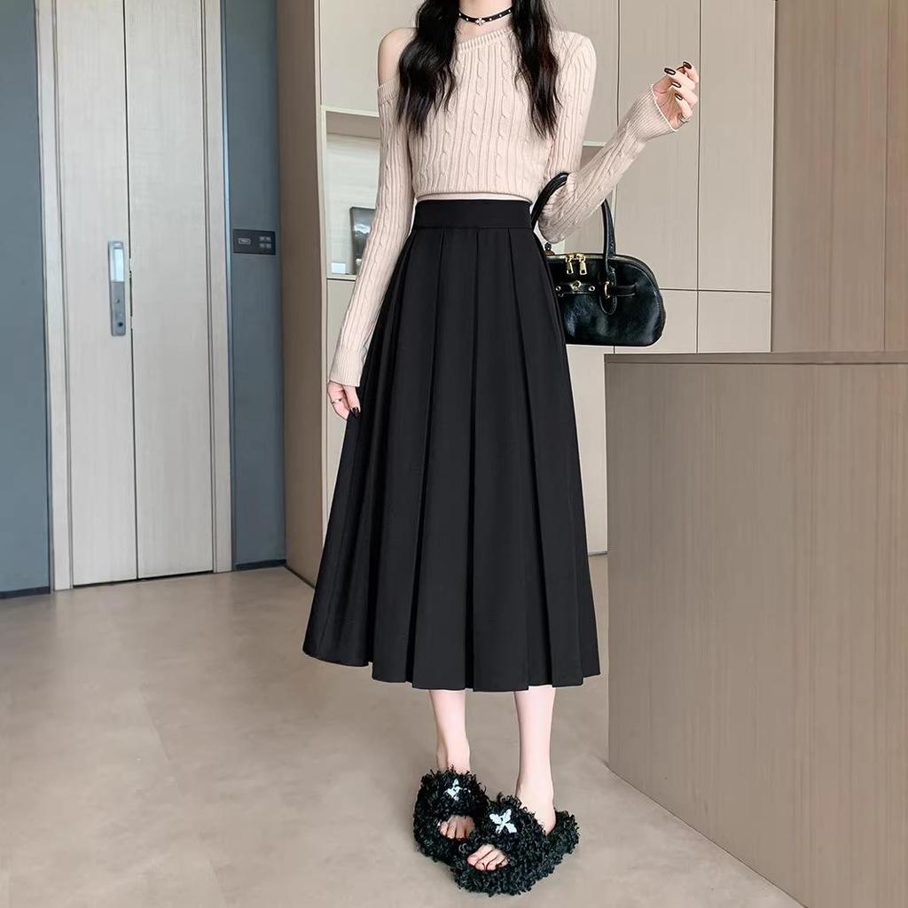 Chic Plus Size A-line Pleated Midi Skirt - Age-Reducing, Solid Color, Autumn/Winter Collection