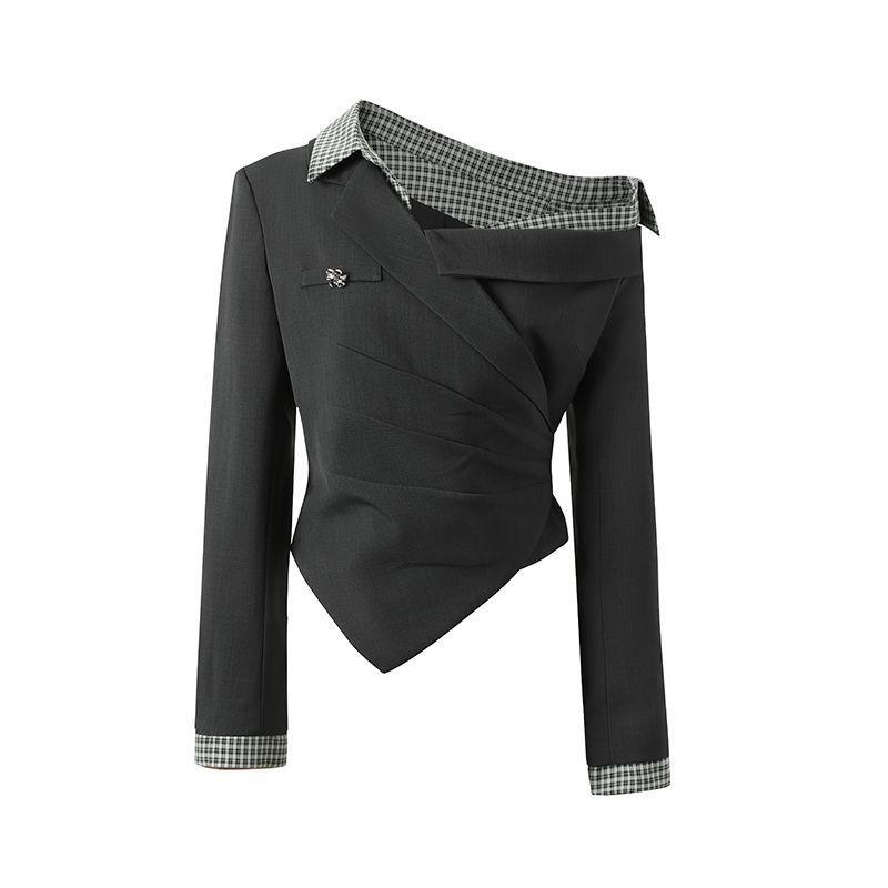 Herbst Schulterfreies Karriertes Langarmhemd für Damen, Tailliert, Schlankmachend, Wunderschönes Design