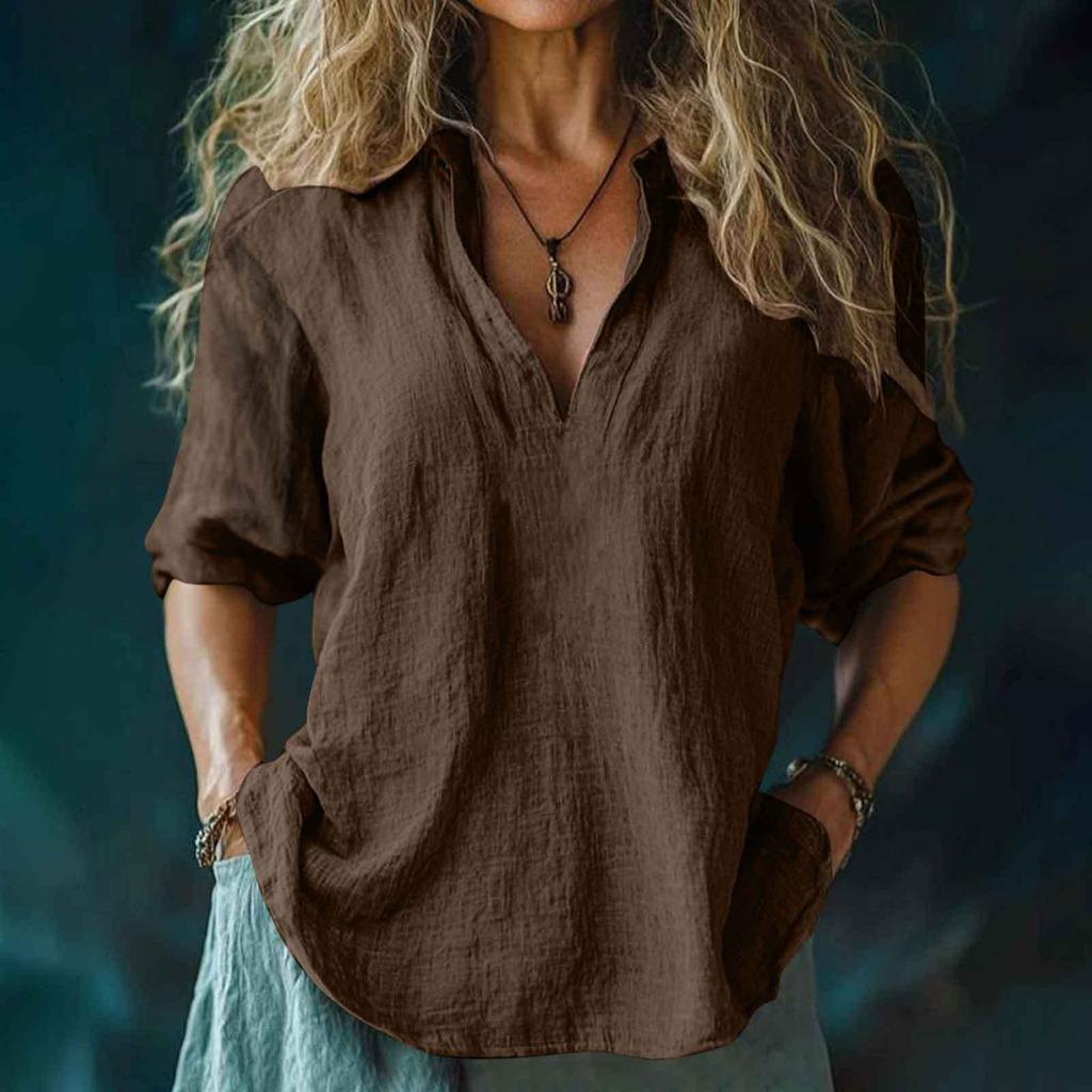 Women's Fashion Casual V-Neck Cotton-Linen Blend Shirt Loose-Fit Short-Sleeve Top
