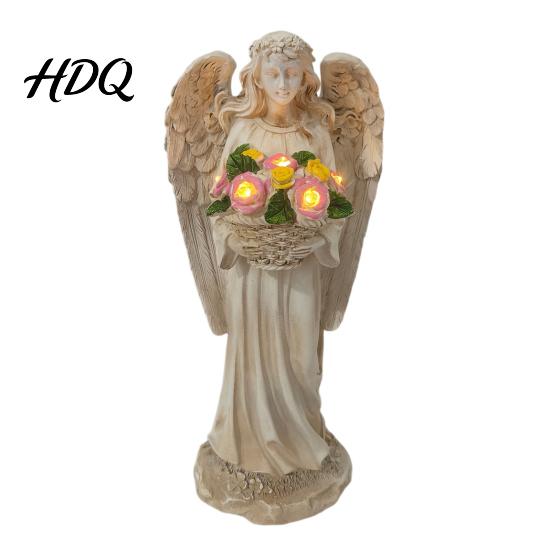 Automatic Night Light for Patio Retro Solar Angel Statue Resin Garden Light Decorative Memorial Sculpture with Flower Basket Outdoor Yard