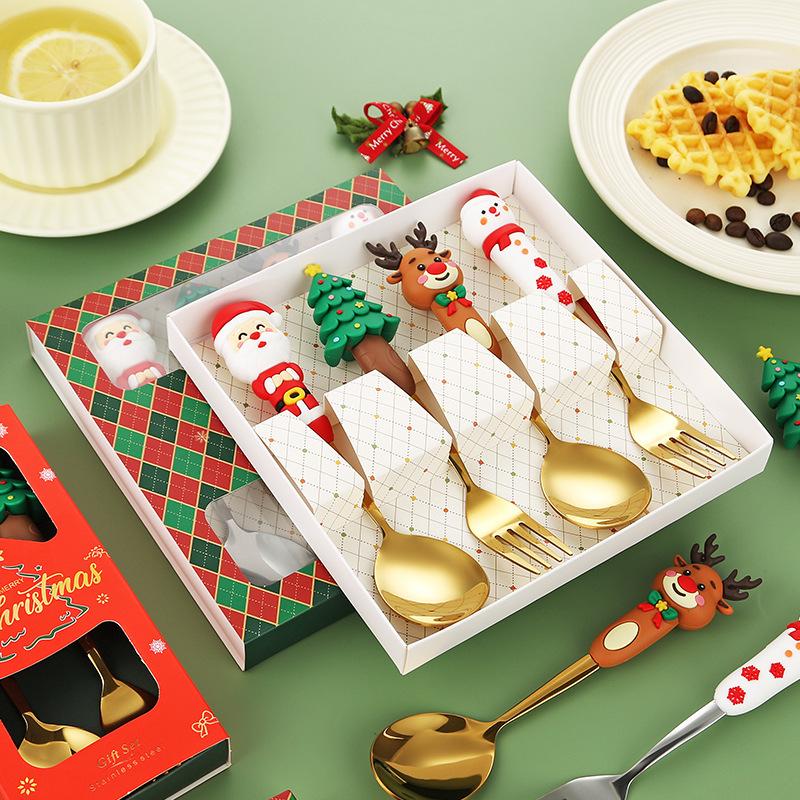 Świąteczny Zestaw Sztućców Prezent Świąteczny Łyżka Świąteczna Widelec Zestaw 4szt Łyżeczka do Deseru Widelec do Owoców Mikołaj Łoś Lalka Łyżka Prezent Noworoczny
