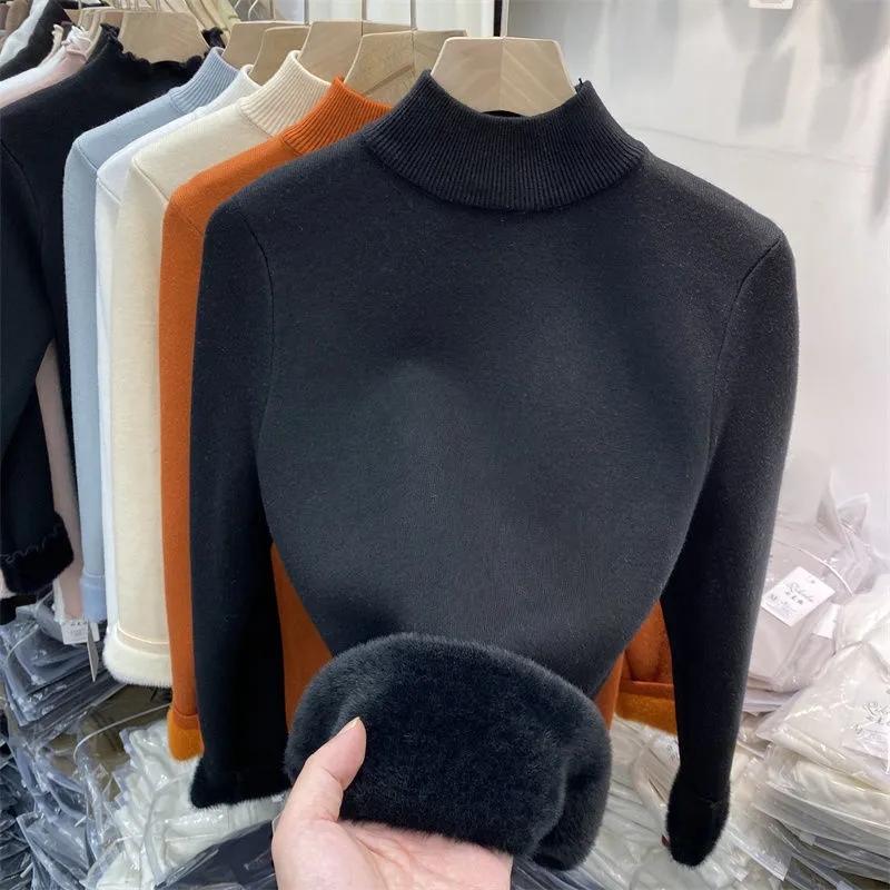 Korean Half High Collar Slim Thick Knitted Pullovers Women Winter Plus Velvet Warm Sweaters Solid Casual Fleece Lined Jumpers
