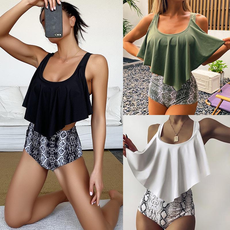 

2023 Women s European & American Ruffle Snake Print High Waist Tankini Bikini Large