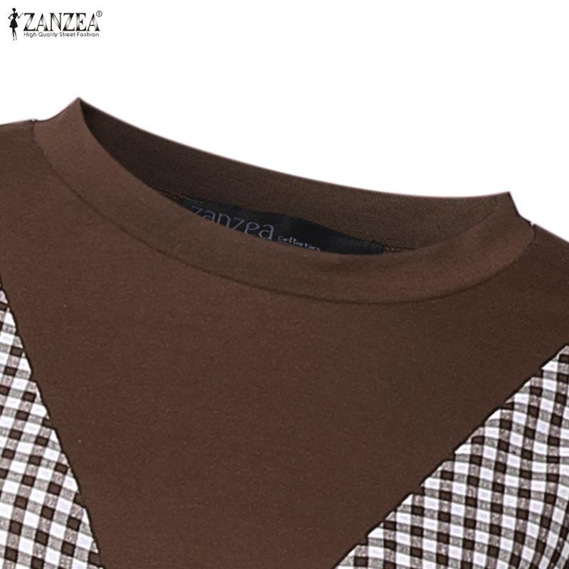 ZANZEA Women Casual Round Neck Long Sleeve Muslim Plaid Long Dress