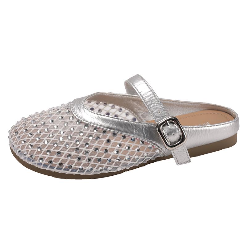 

Fashion Fashionable Crystal Buckle Slippers for Women 2025 New Hollow Breathable Elegant Round Toe Low Heel Party Sandals for Women 40 серебряный