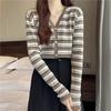 Retro autumn and winter versatile long-sleeved collar striped cardigan sweater women's knitted bottoming shirt jacket women