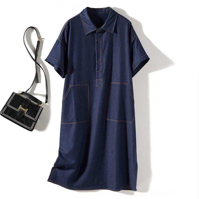 Original Order Orders Exported to Japan! Harajuku Girls Summer Raglan Sleeve Washed Cotton Denim Blue Large Pocket Open Line Dress Breathable