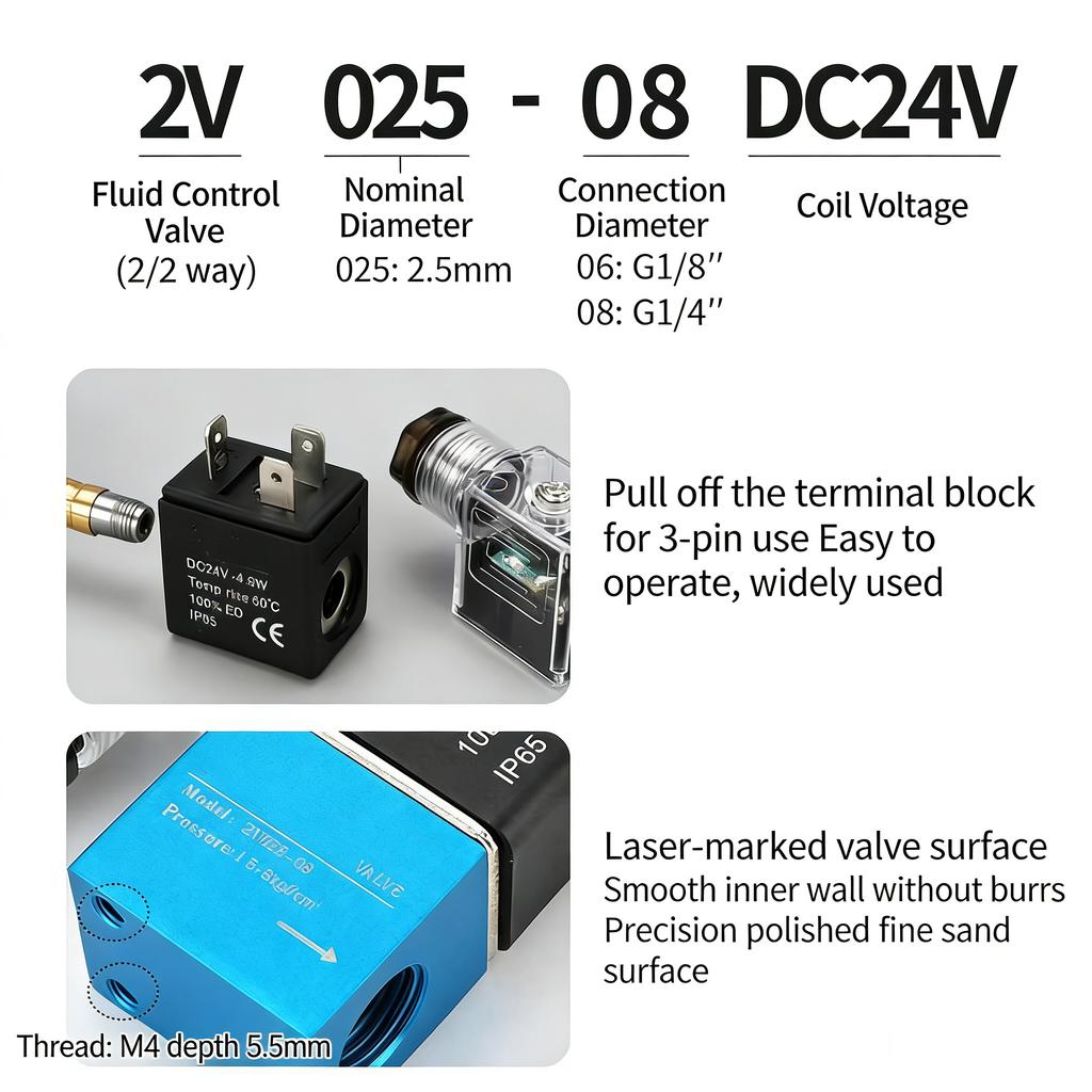 Pneumatikventilsteuerung Zwei-Positionen Zwei-Wege-Magnetventil 24V Luftventil Einweg 12V Zylinder Normalerweise Geschlossen 2V025