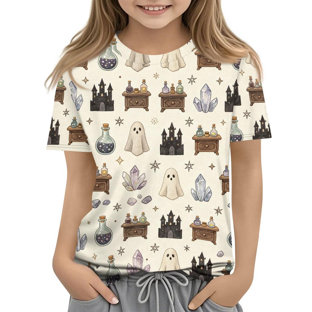 Kids Halloween Graphic T Shirt Short Sleeve Crew Neck Casual Tee Top with Pumpkin and Boat Print for Boys and Girls