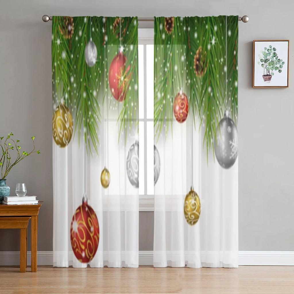 Farmhouse Christmas Ball Curtain Living Room Cafe Xmas Gifts Balls Window Curtains Kitchen Bedroom Outdoor Yard Sheer Polyester Ideal For
