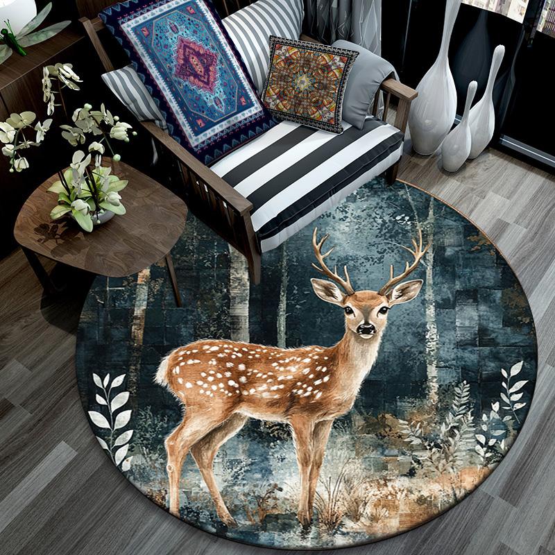 Elk Round Area Rug,Carpet Rug for Living Room Bedroom Sofa Playroom Decor,Non-slip Floor Mat
