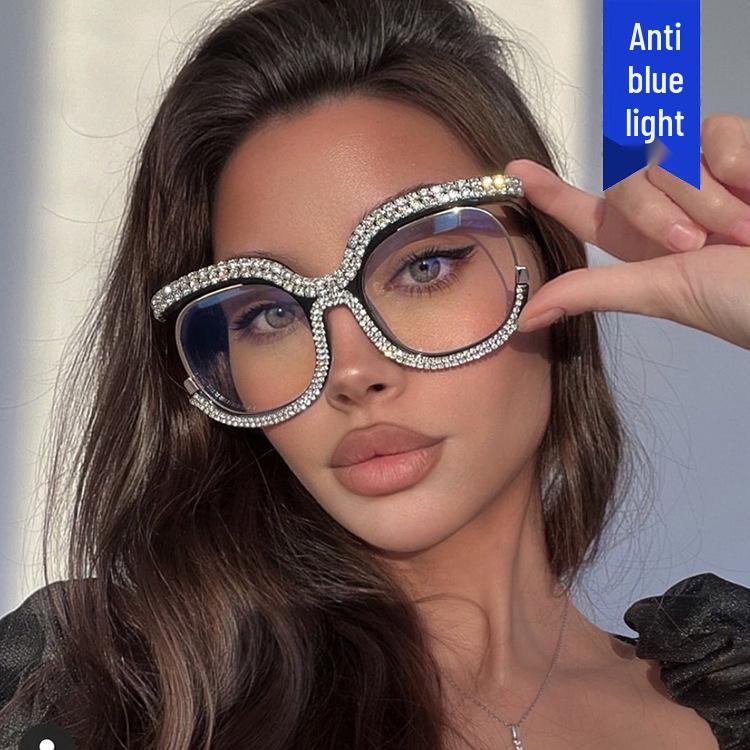 2022 Trendy Rhinestone Owl Large Anti-Blue Light Eyeglass Frame for European & American Styles