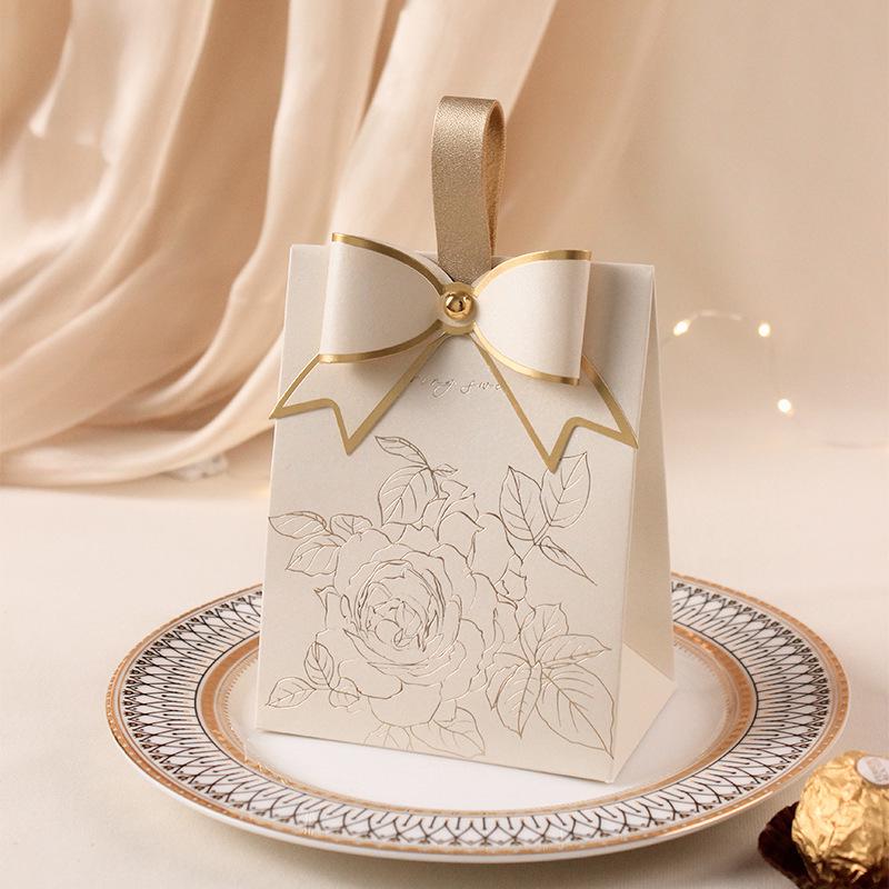 2025 Creamy White Retro French Handbag with Champagne Bow Textured Design - Wedding Candy Box