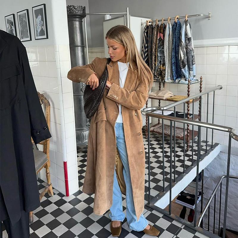 Wildleder Reversmantel Damen Winddicht und Warm Gerader Röhrenmantel Elegant Britischer Stil Pendler Oberbekleidung Herbst/Winter 2025