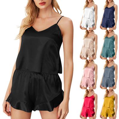 Kadınlar İçin Pijama Takımı Saten 2 Parça İpek Atlet Üst ve Şort Rahat Moda Fırfırlı Yumuşak Gecelik