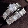 Gorgeous Silver Color Inlaid with White Stone Rings Set  Round Party Engagement Wedding Rings for Women Jewelry