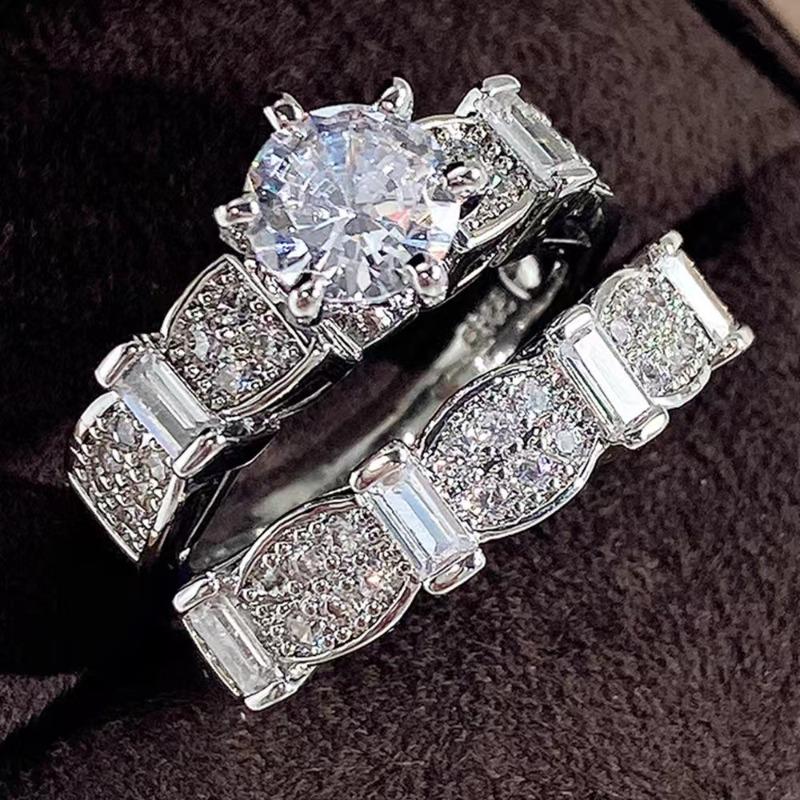 Gorgeous Silver Color Inlaid with White Stone Rings Set  Round Party Engagement Wedding Rings for Women Jewelry