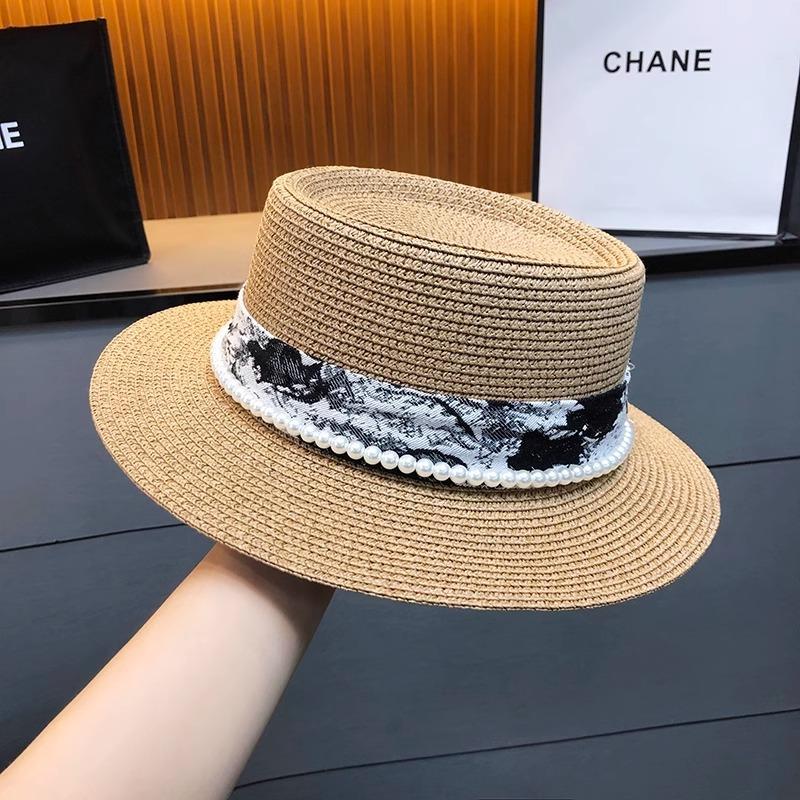 Flat top top hat design sense pearl temperament versatile straw hat summer vacation shade beach hat children