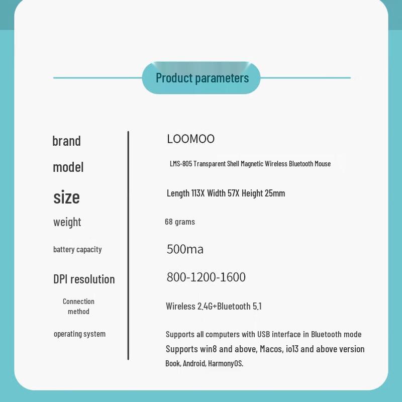 LOOMOO Transparent Magnetic Wireless Bluetooth Mouse LMS-805