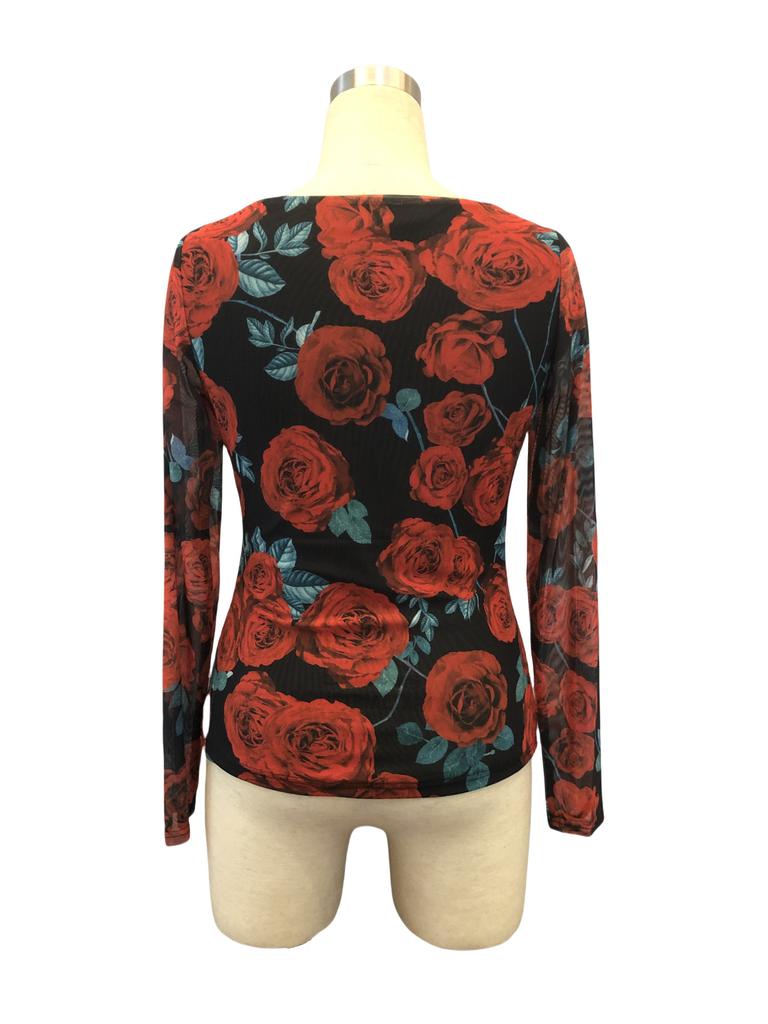 Spring Women's French Romantic Rose Floral Mesh Print Sexy U Neck T Shirt Fashion Daily Basic Office Lady Casual Slim Fit Ladies Elegant Top