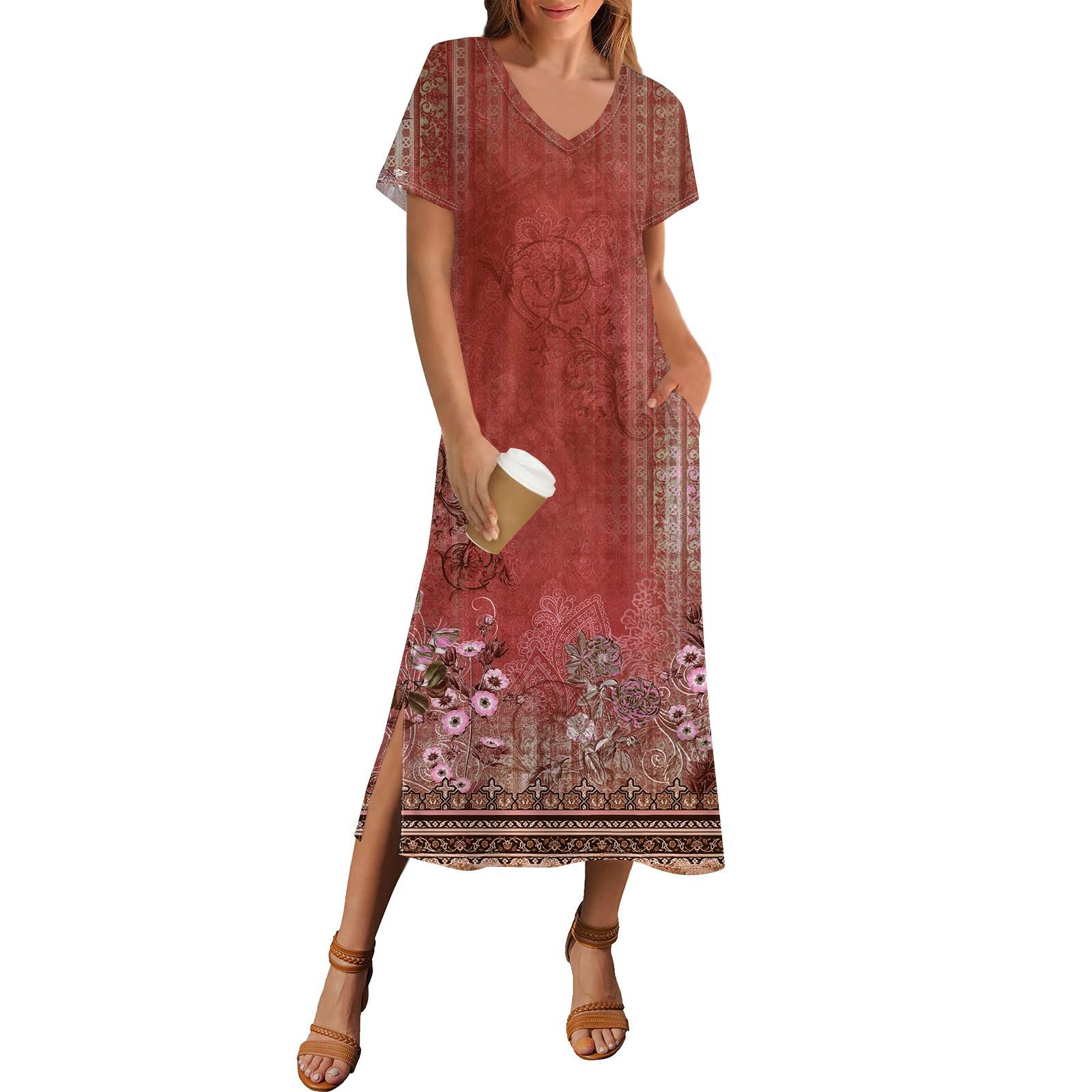 

Жіноча літня сукня з квітковим принтом, пляжна сукня з коротким рукавом і кишенею, повсякденна сукня з V-подібним вирізом і бічними розрізами XXXL винний