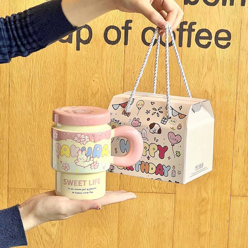 Cute Girl Cherry Blossom Rabbit Cup High-looking Ceramic Mug with Lid Spoon Office Breakfast Coffee Cup