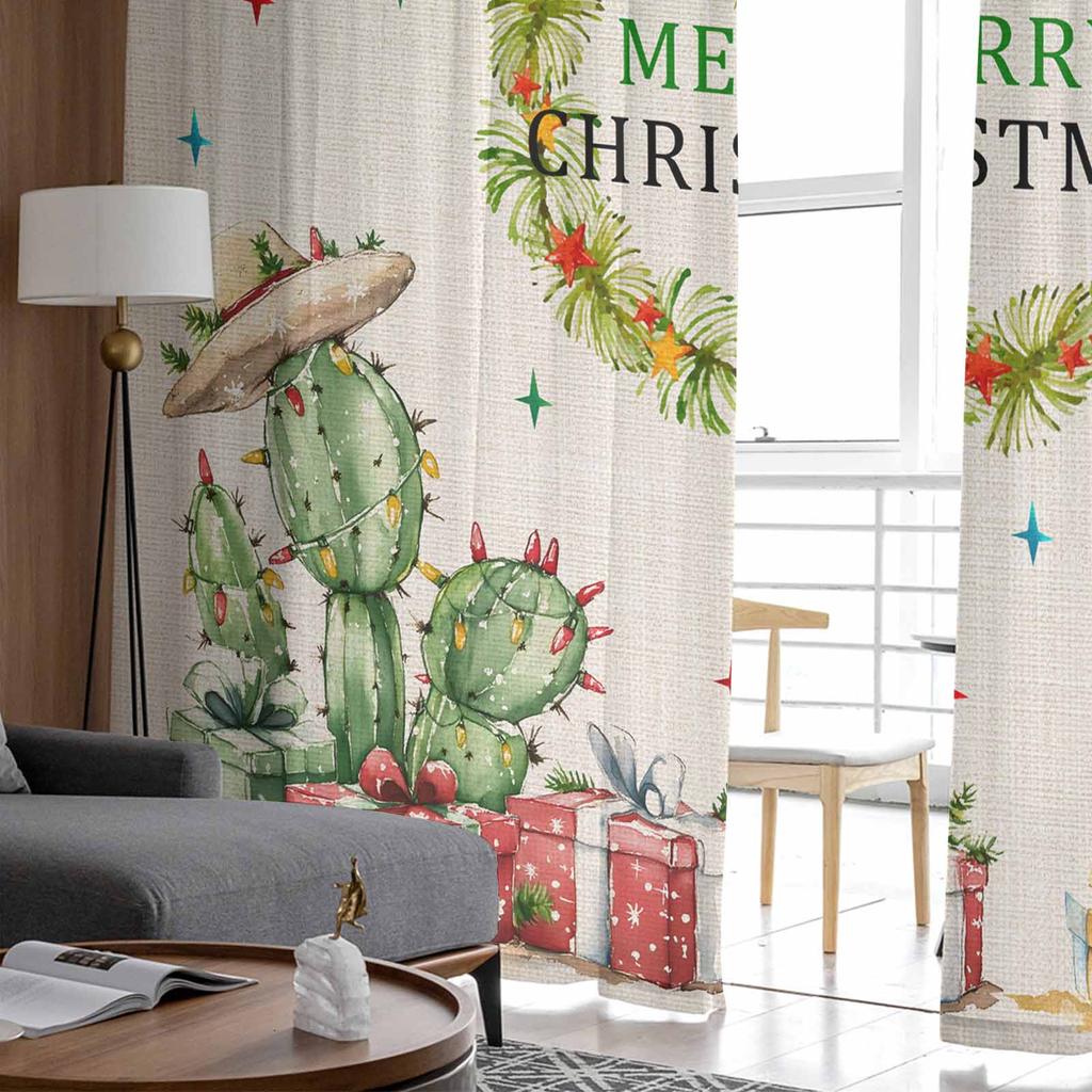 Christmas Winter Plant Bow Curtains For Living Room Bedroom Home Decoration Window Voile Tulle Curtain Drapes