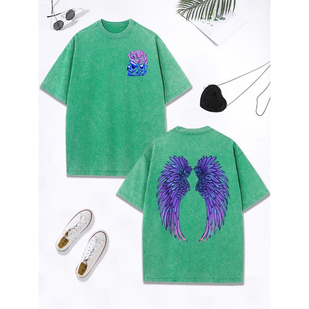 Cool Purple Creative Wings Rose Prints Washed T-Shirt Women Cotton Oversized T Shirt Distressed O-Neck Tops Clothes