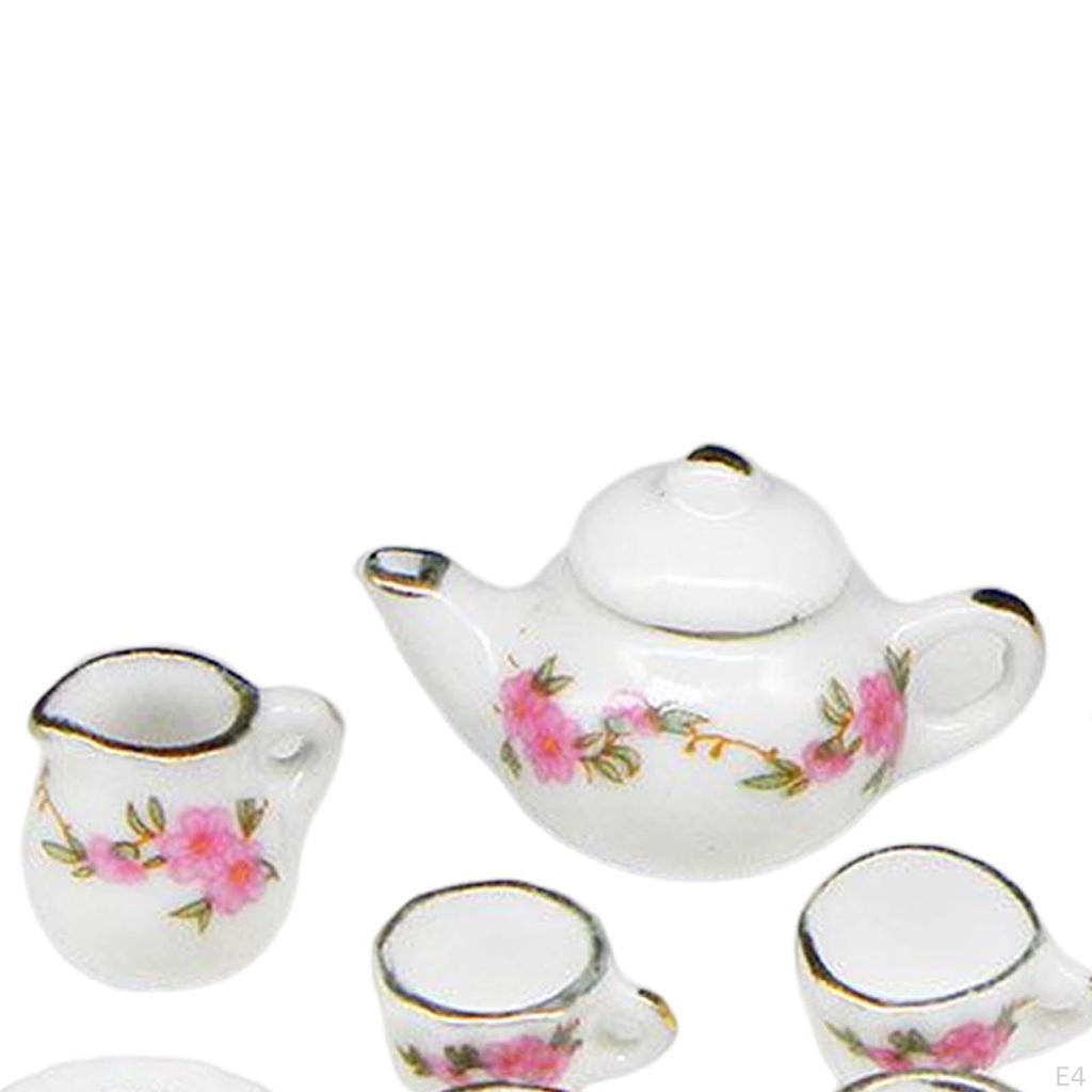 11 Pieces Mini Dollhouse Tea Set Ornament Kitchen Decorated Playset Ceramic Party Accessories