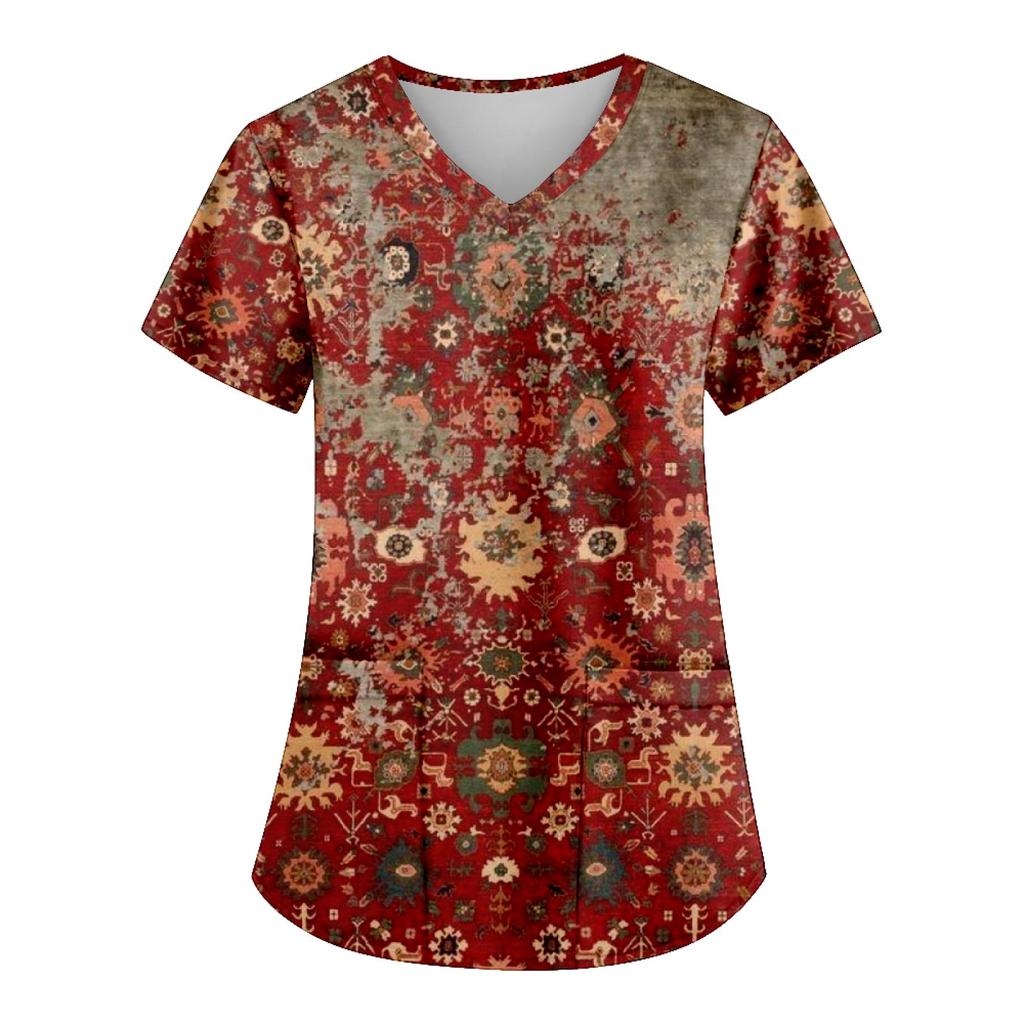 Women's Fashion Printed Work Uniform With Pocket T-Shirt Short Sleeve Top