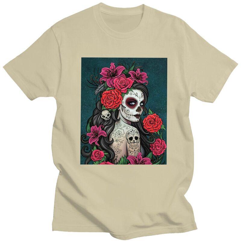 Custom Mexican Catrina Sugar Skull Lady Tshirts for Men Short Sleeve Casual T Shirt Tshirt Pure Cotton Tee Gift