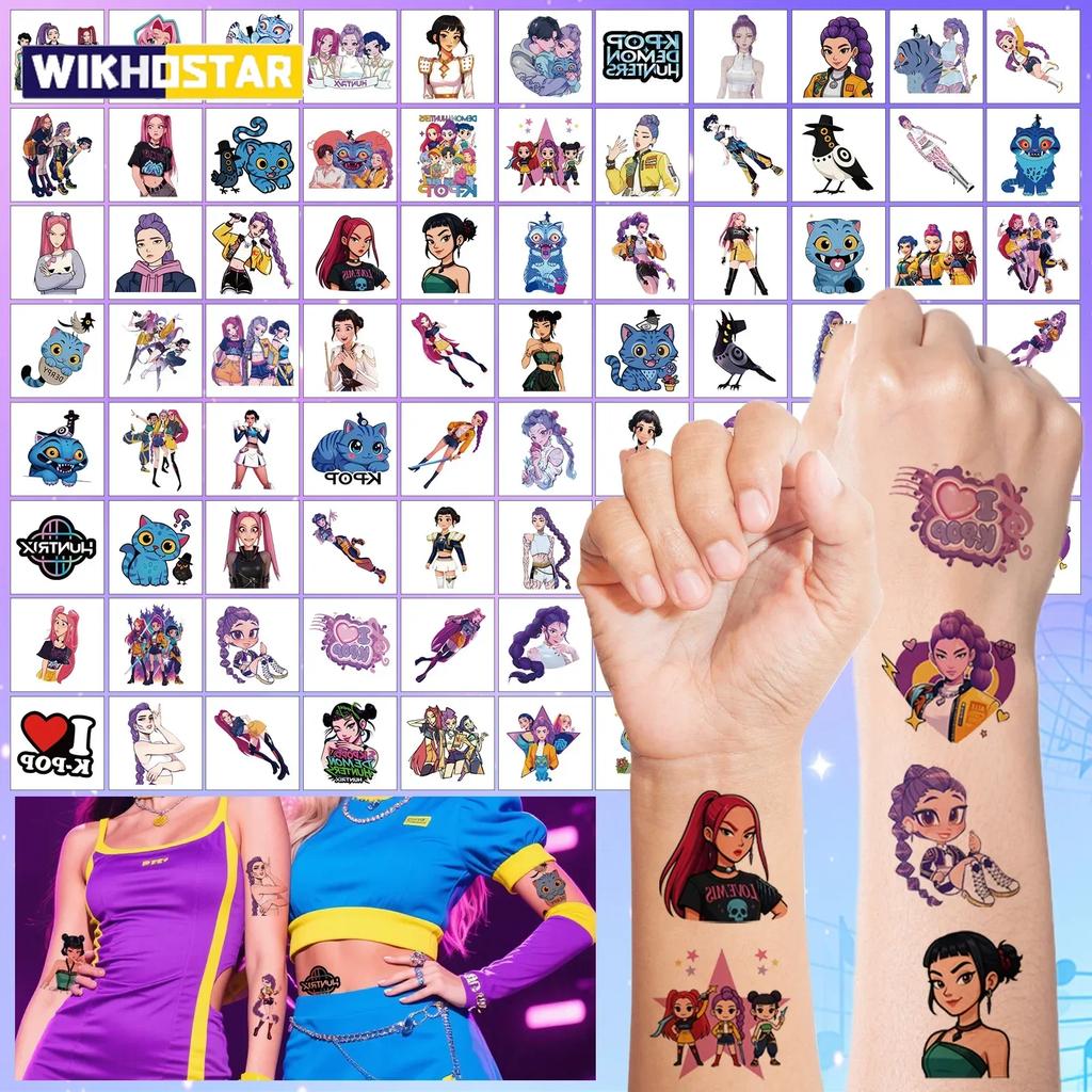 80pcs Kpop Demon Movie Hunters Temporary Tattoos Removable Tattoo Stickers for Kids Goodie Bag Stuffers Party Supplies Decor