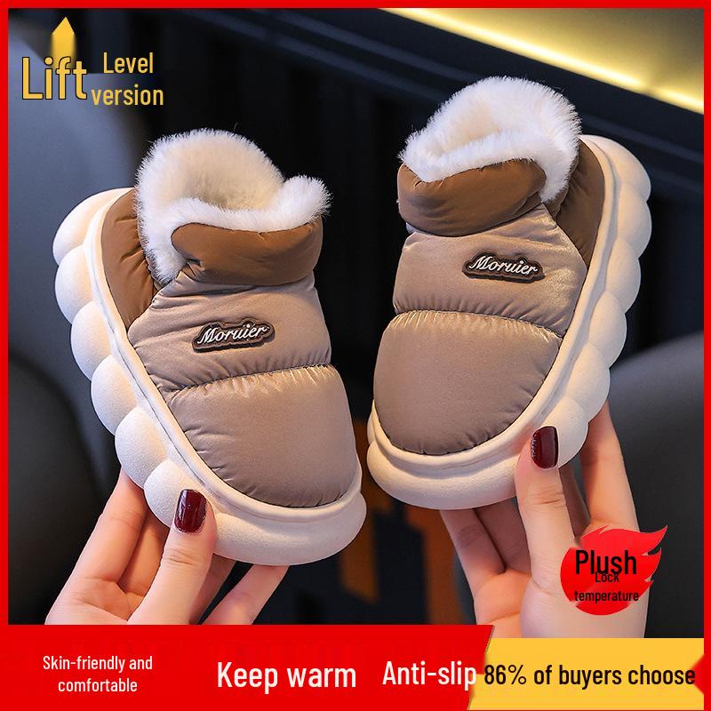 Children's Winter Velvet-Lined Cotton Slippers with Heel Support - Non-Slip, Waterproof, Warm Shoes for Big Kids & Parent-Child Pairs