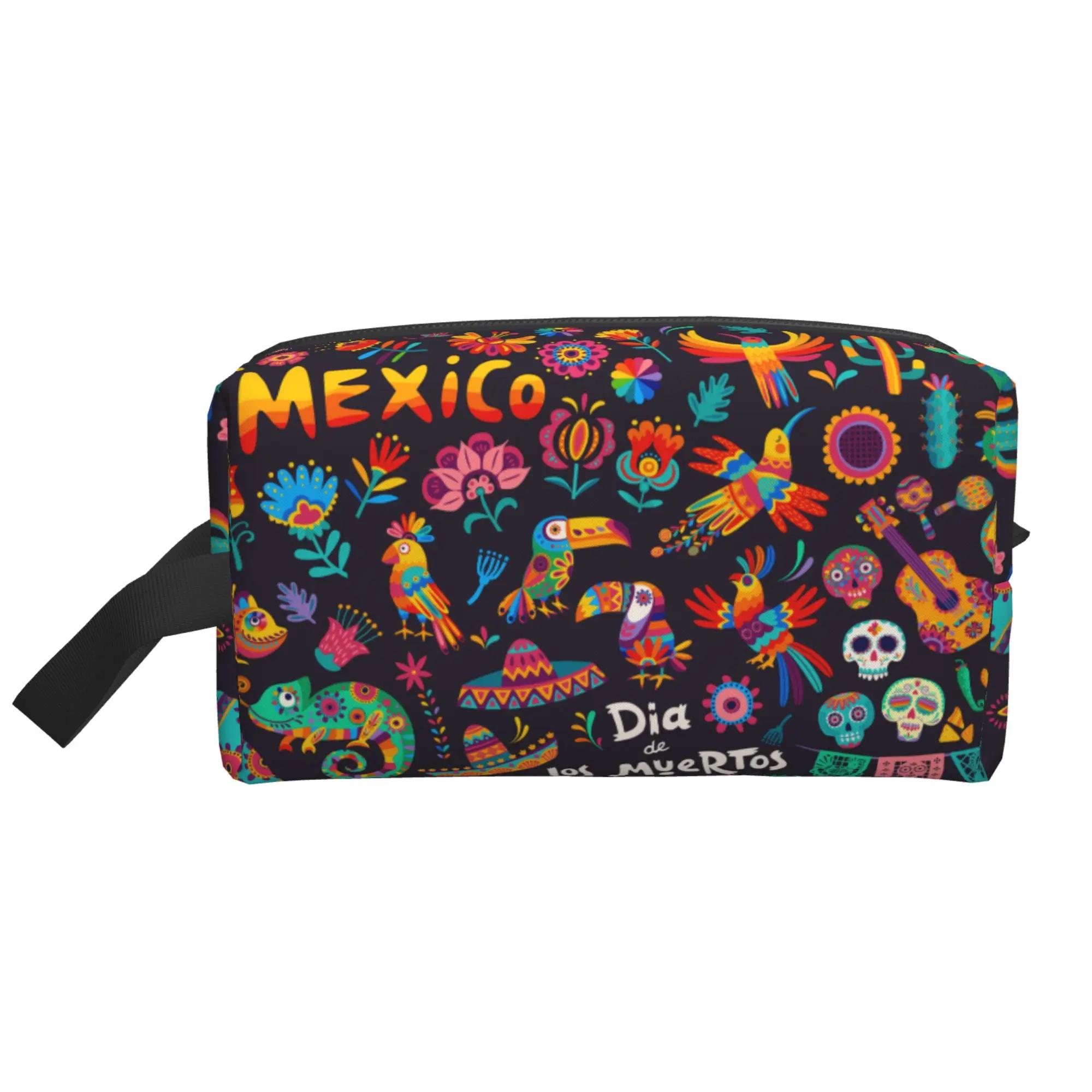 

Красочные мексиканские цветы художественные сумки для хранения портативная большая вместительная дорожная косметичка идеальная косметичка для путешествий косметичка 25.5x16x12.5CM темно серый