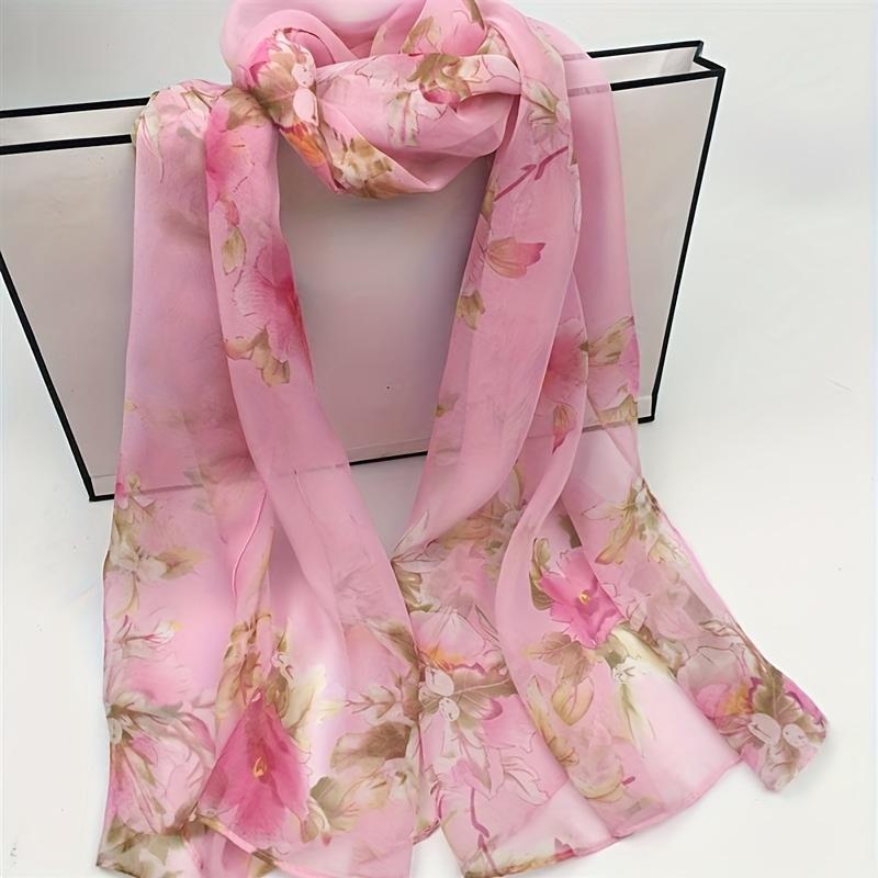 Whimsical Camellia Print Chiffon Scarf - Soft, Breathable & Versatile Shawl for Women - Perfect for All Seasons, Polyester Fiber, Elegant Accessory