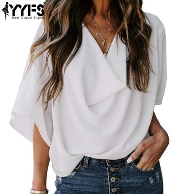 Damenmode, lässig, Sommer, Frühling, einfarbig, bedruckt, kurzärmelig, V-Ausschnitt, Blusen und Hemden
