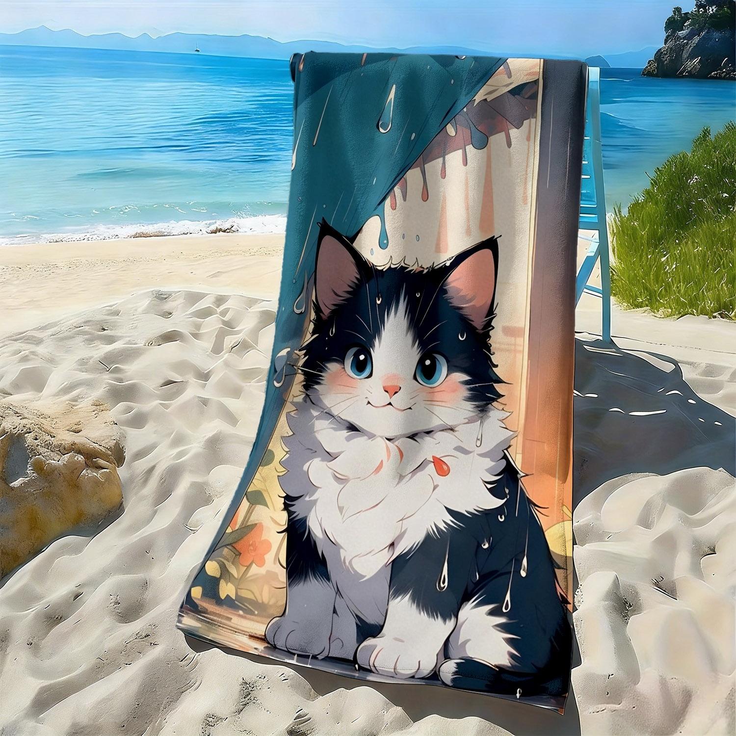 

Cute and adorable cat pattern in the rain polyester microfiber beach towel is highly absorbent, suitable swimming beach outings W40*H60(CM)