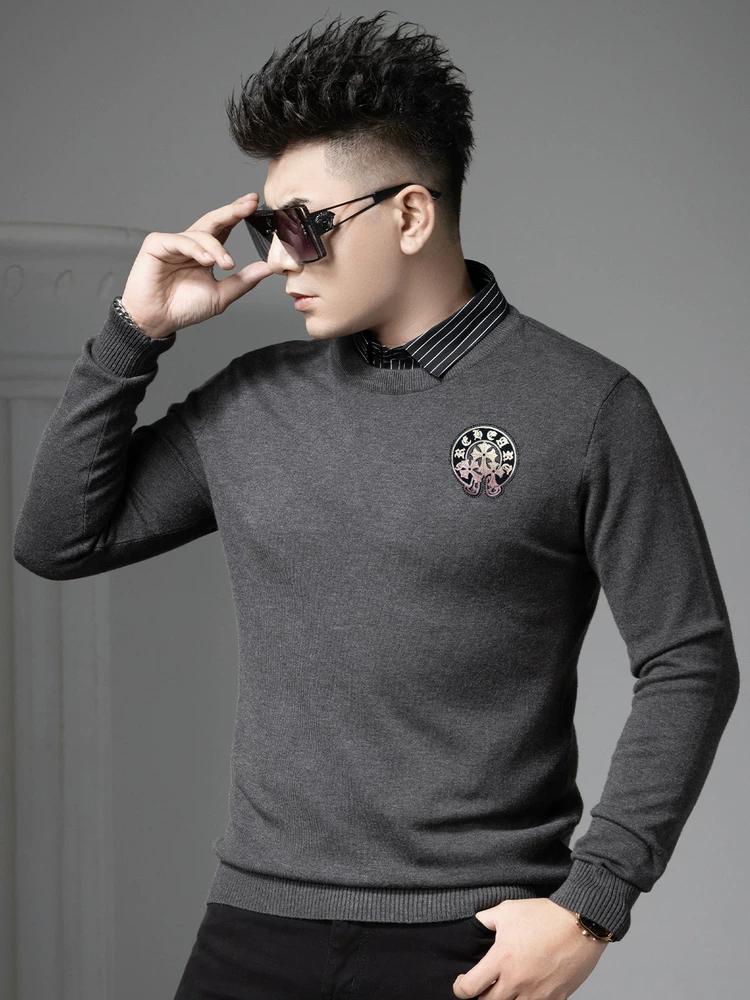 

European Long-Sleeved Round-Neck Knit Sweater for Men, 2025 Autumn and Winter New Trendy Gold-Stamped Faux Two-Piece Warm Sweater 3XL темно-серого
