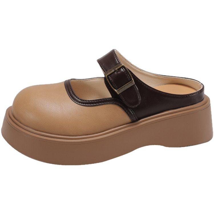 [Youshilai] Round Head Thick Bottom Lazy One-pedal Women's 2025 Spring New Belt Buckle Fashionable Outer Slippers