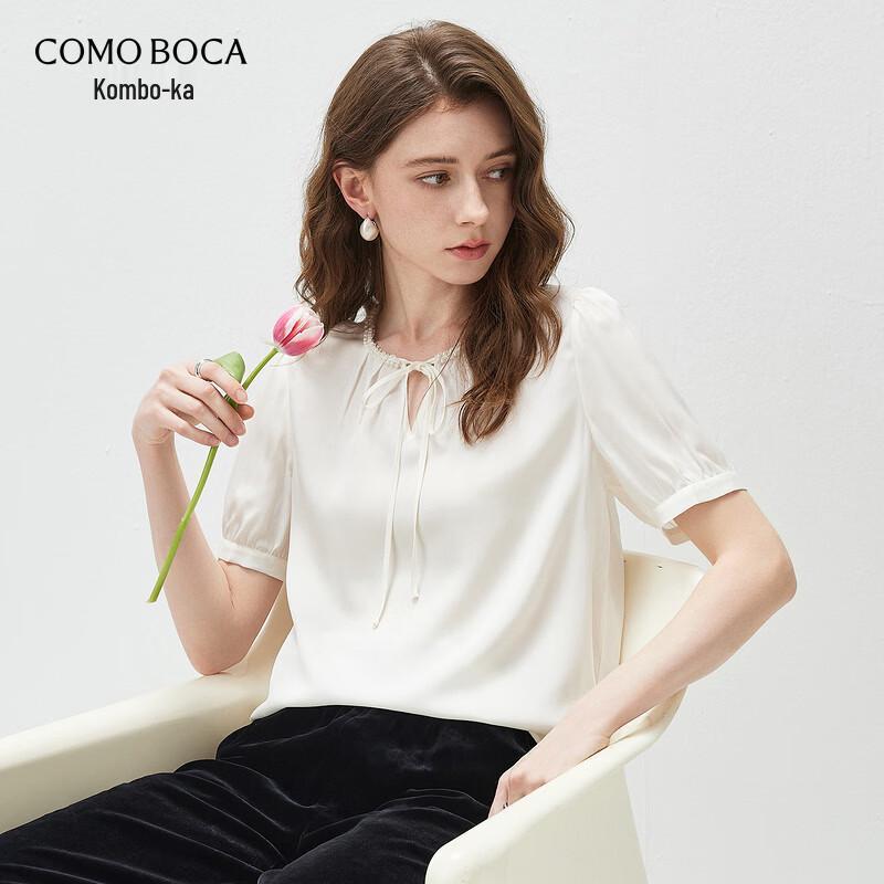 Commboca Women s Mulberry Silk Puff Sleeve Tie-Neck T-Shirt XL