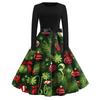 Women's Fashion Round Casual Slim Fit Christmas Print Large Swing Long Sleeve Dress