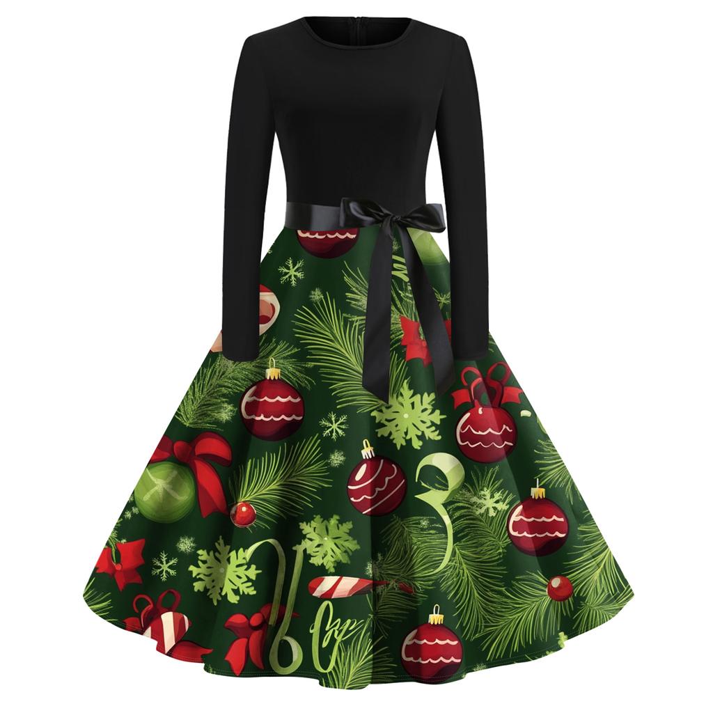 Women's Fashion Round Casual Slim Fit Christmas Print Large Swing Long Sleeve Dress