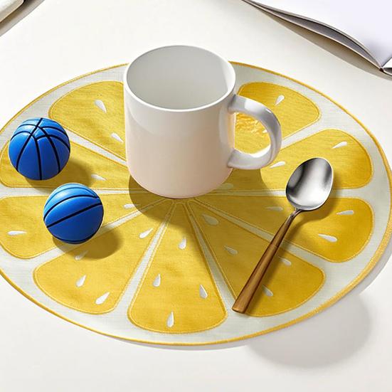 Lemon Slice Placemat Linen Heat Insulation Dining Mat Embroidered Round Orange Washable Placemat for Dining Table Decoration Protection