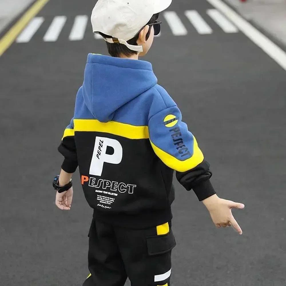Boys Double-sided Velvet Sets Children Fashion Hooded Suit Kids Autumn Winter Jackets+Pants 2Pcs Outfits Teenager Casual Clothes