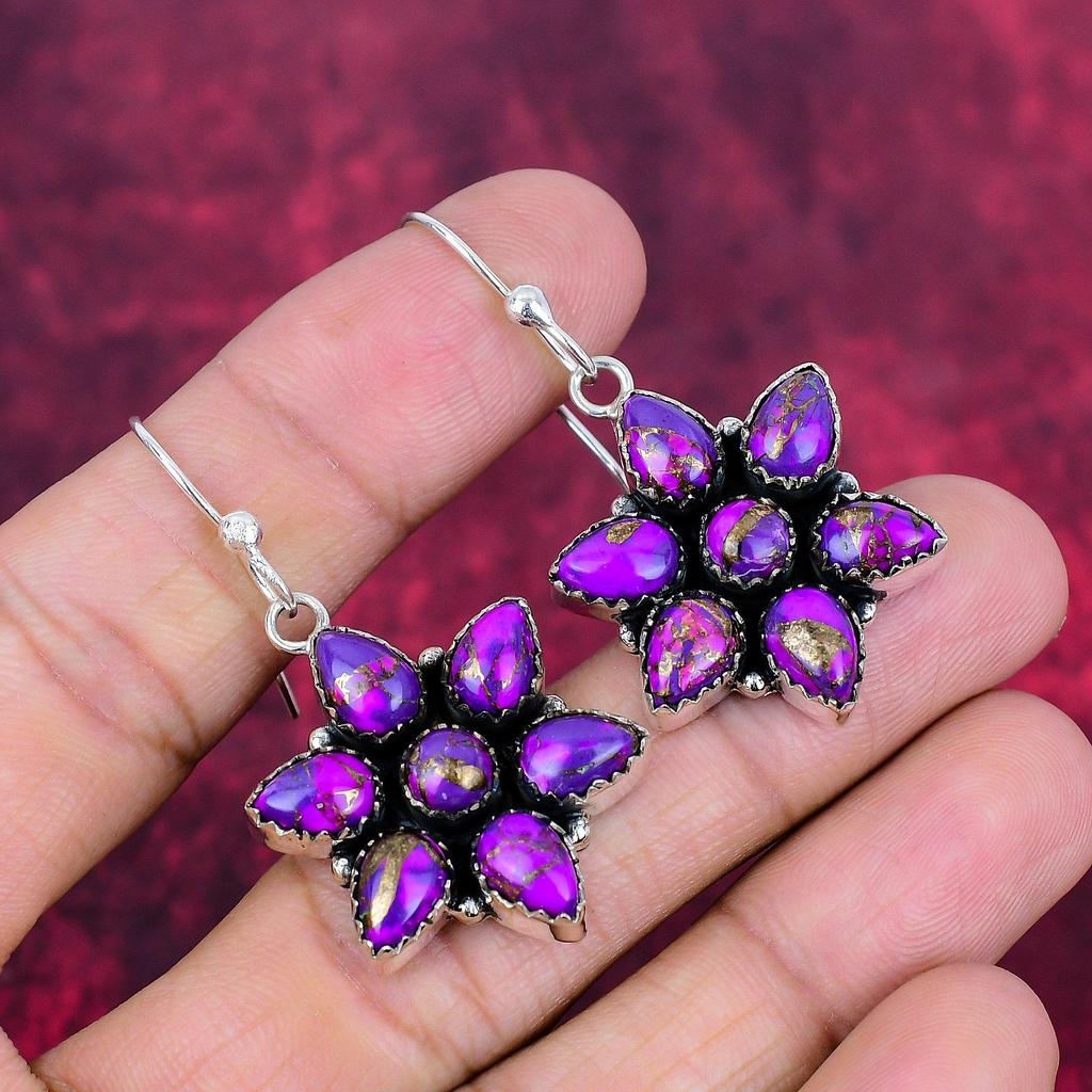Cercei cu turcoaz și cupru violet, bijuterii din argint 925 masiv, cercei cu pietre prețioase, cadou pentru ea, bijuterii delicate lucrate manual