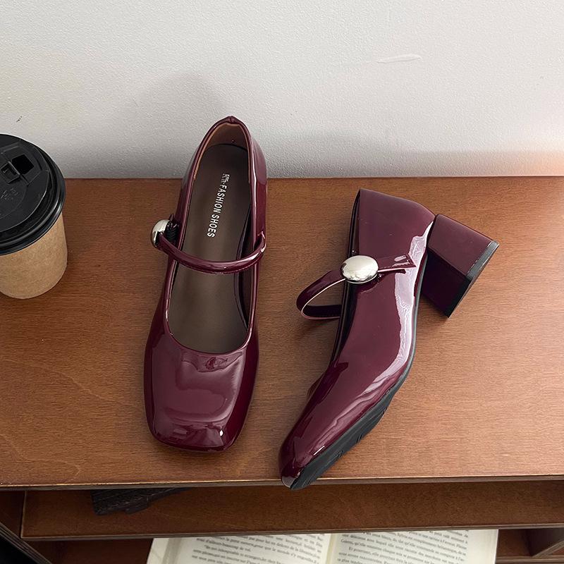 Patent leather Mary Jane single shoes women's spring new versatile thick heel square head one-word buckle temperament high heels