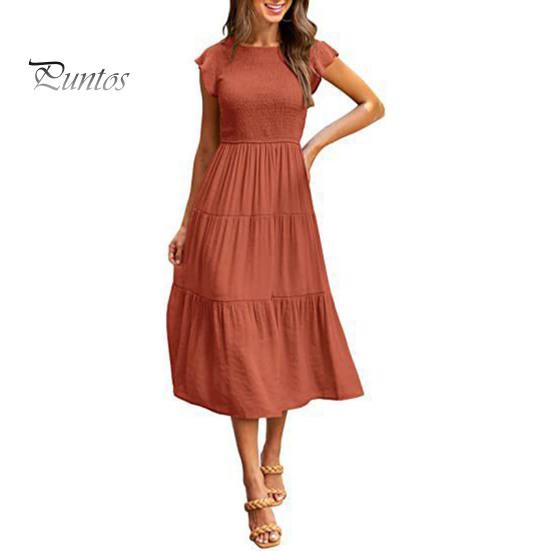 

Летнее женское платье с развевающимися рукавами, многослойное лоскутное платье трапециевидной формы с плиссированным эластичным бюстом, сплошное цветное платье длиной до середины икры, пляжное платье миди S оранжевый