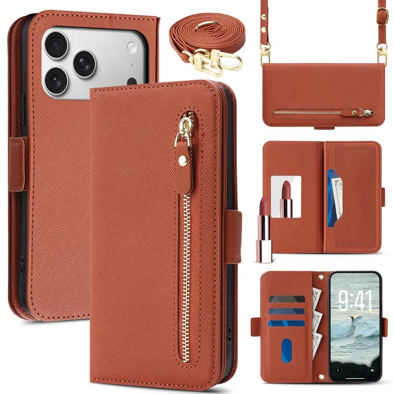 Umhängetasche Lederhülle Geldbörse Klapphandyhülle für iPhone 17 Promax/16 Pro/17 Air/15 Plus Reißverschluss Stil Kartenhalter Hülle