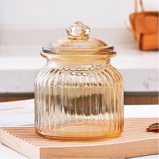 Amber Striped Glass Jar with Lid, Candy Jar, Kitchen Food, Coffee Beans, Tea, Glass Container, Household Sealed Storage Bottle